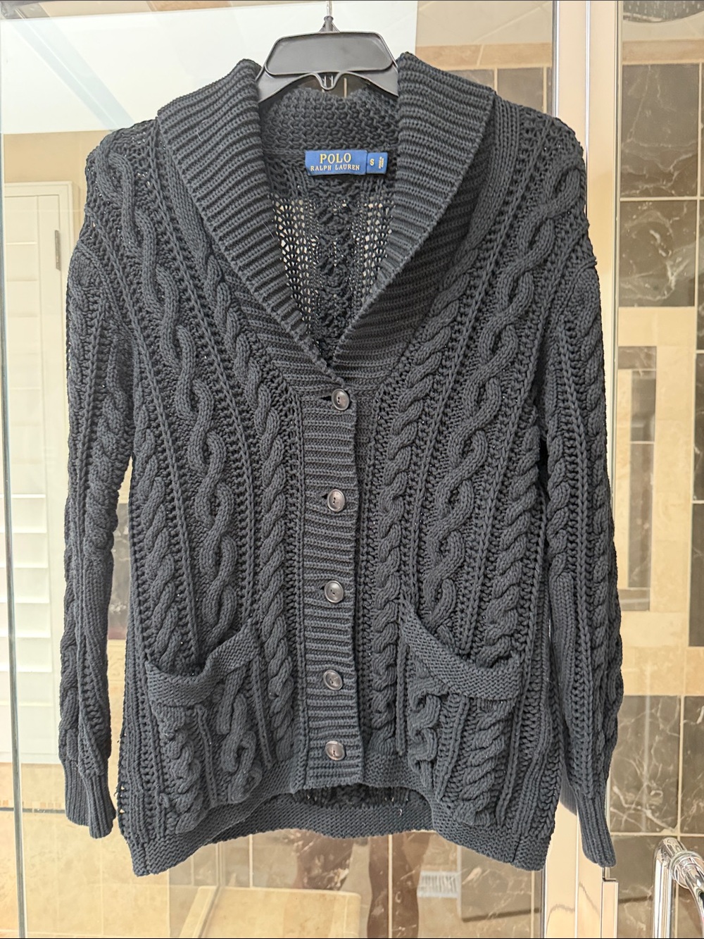 Polo by Ralph Lauren Black Cable Knit Shawl Collar Cardigan Sweater